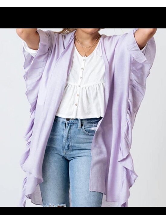 Impressions Tops - Light Purple Ruffled Open-Front Kimono Cardigan Womens OVERSIZED Medium